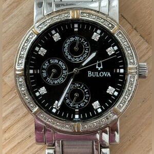 Bulova Diamond Luxury Watch Black Dial Stainless Bracelet Case Diamond Bezel